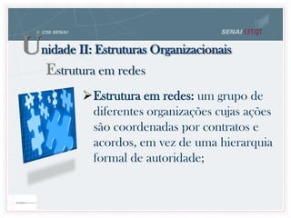 Estrutura em redes
Estrutura em redes: um grupo de
diferentes organizações cujas ações
são coordenadas por contratos e
acordos, em vez de uma hierarquia
formal de autoridade;
Unidade II: Estruturas Organizacionais
 