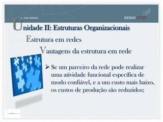 Vantagens da estrutura em rede
 Se um parceiro da rede pode realizar
uma atividade funcional específica de
modo confiável, e a um custo mais baixo,
os custos de produção são reduzidos;
Unidade II: Estruturas Organizacionais
Estrutura em redes
 