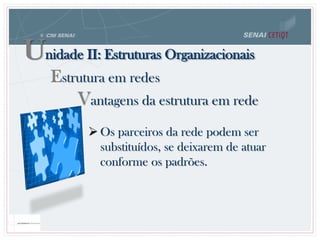 Vantagens da estrutura em rede
 Os parceiros da rede podem ser
substituídos, se deixarem de atuar
conforme os padrões.
Unidade II: Estruturas Organizacionais
Estrutura em redes
 