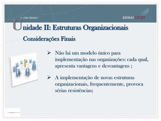 Considerações Finais
 Não há um modelo único para
implementação nas organizações: cada qual,
apresenta vantagens e desvantagens ;
 A implementação de novas estruturas
organizacionais, frequentemente, provoca
sérias resistências;
Unidade II: Estruturas Organizacionais
 