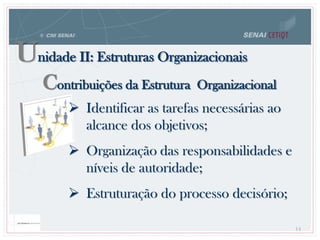 Unidade II: Estruturas Organizacionais
Contribuições da Estrutura Organizacional
 Identificar as tarefas necessárias ao
alcance dos objetivos;
 Organização das responsabilidades e
níveis de autoridade;
 Estruturação do processo decisório;
14
 