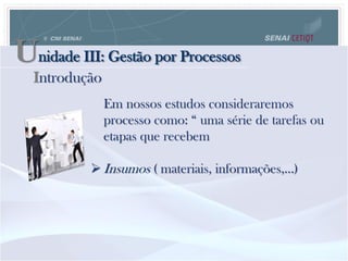 Unidade III: Gestão por Processos
Introdução
Em nossos estudos consideraremos
processo como: “ uma série de tarefas ou
etapas que recebem
 Insumos ( materiais, informações,...)
 