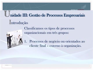 Classificamos os tipos de processos
organizacionais em três grupos:
1. Processos de negócio ou orientados ao
cliente final – externo à organização.
Unidade III: Gestão de Processos Empresariais
Introdução
 