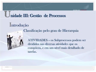 Unidade III: Gestão de Processos
Classificação pelo grau de Hierarquia
ATIVIDADES – os Subprocessos podem ser
divididos nas diversas atividades que os
compõem, e em um nível mais detalhado de
tarefas.
Introdução
 