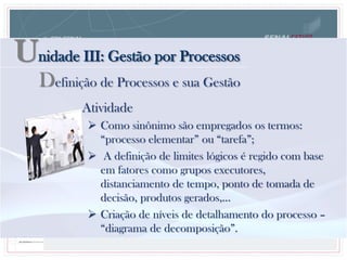 Unidade III: Gestão por Processos
Definição de Processos e sua Gestão
 Como sinônimo são empregados os termos:
“processo elementar” ou “tarefa”;
 A definição de limites lógicos é regido com base
em fatores como grupos executores,
distanciamento de tempo, ponto de tomada de
decisão, produtos gerados,...
 Criação de níveis de detalhamento do processo –
“diagrama de decomposição”.
Atividade
 