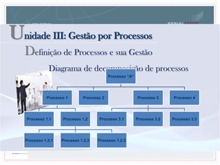 Unidade III: Gestão por Processos
Definição de Processos e sua Gestão
Diagrama de decomposição de processos
Processo “A”
Processo 1
Processo 1.1 Processo 1.2
Processo 1.2.1 Processo 1.2.2 Processo 1.2.3
Processo 2 Processo 3
Processo 3.1 Processo 3.2 Processo 3.3
Processo 4
 
