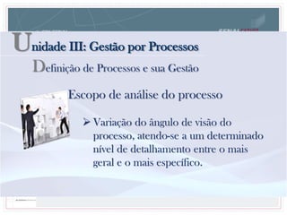 Unidade III: Gestão por Processos
Definição de Processos e sua Gestão
Escopo de análise do processo
 Variação do ângulo de visão do
processo, atendo-se a um determinado
nível de detalhamento entre o mais
geral e o mais específico.
 