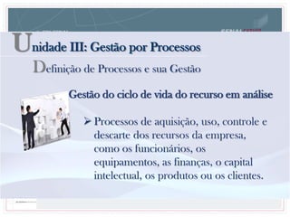 Unidade III: Gestão por Processos
Definição de Processos e sua Gestão
Gestão do ciclo de vida do recurso em análise
 Processos de aquisição, uso, controle e
descarte dos recursos da empresa,
como os funcionários, os
equipamentos, as finanças, o capital
intelectual, os produtos ou os clientes.
 