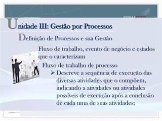 Unidade III: Gestão por Processos
Definição de Processos e sua Gestão
Fluxo de trabalho, evento de negócio e estados
que o caracterizam
Fluxo de trabalho de processo
 Descreve a sequência de execução das
diversas atividades que o compõem,
indicando a atividades ou atividades
possíveis de execução após a conclusão
de cada uma de suas atividades;
 
