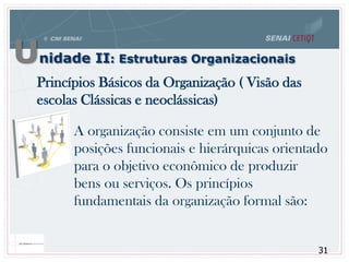Unidade II: Estruturas Organizacionais
31
Princípios Básicos da Organização ( Visão das
escolas Clássicas e neoclássicas)
A organização consiste em um conjunto de
posições funcionais e hierárquicas orientado
para o objetivo econômico de produzir
bens ou serviços. Os princípios
fundamentais da organização formal são:
 