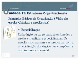 Unidade II: Estruturas Organizacionais
33
 Especialização
Cada órgão ou cargo passa a ter funções e
tarefas específicas e especializadas. Os
neoclássicos passam a se preocupar com a
especialização dos órgãos que compõem a
estrutura organizacional.
Princípios Básicos da Organização ( Visão das
escolas Clássicas e neoclássicas)
 