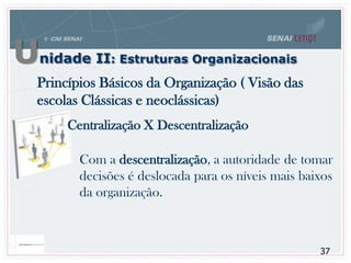 Unidade II: Estruturas Organizacionais
37
Princípios Básicos da Organização ( Visão das
escolas Clássicas e neoclássicas)
Centralização X Descentralização
Com a descentralização, a autoridade de tomar
decisões é deslocada para os níveis mais baixos
da organização.
 
