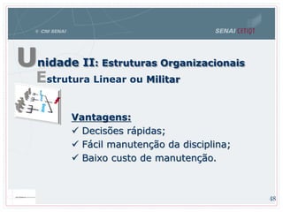 Vantagens:
 Decisões rápidas;
 Fácil manutenção da disciplina;
 Baixo custo de manutenção.
Estrutura Linear ou Militar
Unidade II: Estruturas Organizacionais
48
 