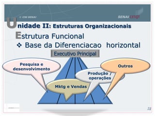 Estrutura Funcional
Unidade II: Estruturas Organizacionais
 Base da Diferenciacao horizontal
Pesquisa e
desenvolvimento
Mktg e Vendas
Produção /
operações
Outros
Executivo Principal
52
 