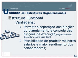 62
Vantagens:
 Permitir a separação das funções
do planejamento e controle das
funções de execução;(alguns autores
discordam sobre esse item)
 Possibilidade de praticar melhores
salarios e maior rendimento dos
colaboradores;
Unidade II: Estruturas Organizacionais
Estrutura Funcional
 