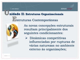 Unidade II: Estruturas Organizacionais
Estruturas Contemporâneas
As novas concepções estruturais
resultam principalmente dos
seguintes condicionantes:
 Dinâmicas competitivas
influenciadas por rupturas de
várias naturezas no ambiente
externo às organizações;
 
