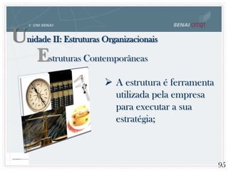  A estrutura é ferramenta
utilizada pela empresa
para executar a sua
estratégia;
95
Unidade II: Estruturas Organizacionais
Estruturas Contemporâneas
 