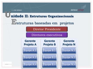 Unidade II: Estruturas Organizacionais
Estruturas baseadas em projetos
Gerente
Projeto A
Equipe A.1
Equipe A.2
Equipe A.n
Gerente
Projeto B
Equipe B.1
Equipe B.2
Equipe B.n
Gerente
Projeto N
Equipe N.1
Equipe N.2
Equipe N.n
Diretores executivos
Diretor Presidente
 