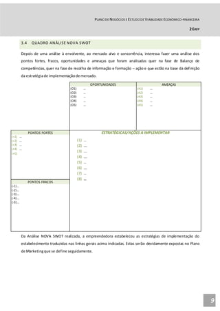 PLANO DE NEGÓCIOS E ESTUDO DE VIABILIDADE ECONÓMICO-FINANCEIRA
2 EASY
9
3.4 QUADRO ANÁLISE NOVA SWOT
Depois de uma análise à envolvente, ao mercado alvo e concorrência, interessa fazer uma análise dos
pontos fortes, fracos, oportunidades e ameaças que foram analisadas quer na fase de Balanço de
competências, quer na fase de recolha de informação e formação – ação e que estão na base da definição
da estratégiade implementaçãode mercado.
Da Análise NOVA SWOT realizada, a empreendedora estabeleceu as estratégias de implementação do
estabelecimento traduzidas nas linhas gerais acima indicadas. Estas serão devidamente expostas no Plano
de Marketingque se define seguidamente.
OPORTUNIDADES
(O1) …
(O2) …
(O3) …
(O4) …
(O5) …
AMEAÇAS
(A1) …
(A2) …
(A3) …
(A4) …
(A5) …
PONTOS FORTES
(+1) …
(+2) …
(+3) …
(+4) …
(+5)
ESTRATÉGICAS/AÇÕES A IMPLEMENTAR
(1) …
(2) ….
(3) ….
(4) ….
(5) …
(6) ….
(7) …
(8) …
PONTOS FRACOS
(-1)…
(-2)…
(-3)…
(-4)…
(-5)…
 