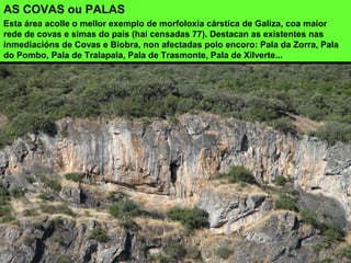 AS COVAS ou PALAS
Esta área acolle o mellor exemplo de morfoloxía cárstica de Galiza, coa maior
rede de covas e simas do país (hai censadas 77). Destacan as existentes nas
inmediacións de Covas e Biobra, non afectadas polo encoro: Pala da Zorra, Pala
do Pombo, Pala de Tralapala, Pala de Trasmonte, Pala de Xilverte...
 