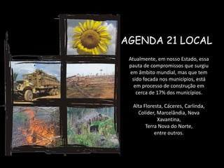 AGENDA 21 LOCAL 
Atualmente, em nosso Estado, essa pauta de compromissos que surgiu em âmbito mundial, mas que tem sido focada nos municípios, está em processo de construção em cerca de 17% dos municípios. 
Alta Floresta, Cáceres, Carlinda, Colíder, Marcelândia, Nova Xavantina, Terra Nova do Norte, entre outros.  