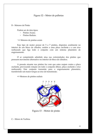 Figura 12 – Motor de palhetas
B – Motores de Pistão
Podem ser de dois tipos:
- Pistões Axiais;
- Pistões Radiais.
`=> Motores de pistões axiais
Esse tipo de motor possui de 5 a 7 pistões, dispostos axialmente no
interior de um bloco de cilindro, unidos a uma placa oscilante e a um eixo
ranhurado que liga todo o conjunto com um sistema planetário de
engrenamento.
O ar comprimido admitido atua nas extremidades dos pistões que
possuem movimento alternativo no interior do bloco de cilindros.
A pressão atuante nos pistões faz com que estes reajam contra a placa
oscilante, provocando rotação em todo o conjunto (bloco, placa oscilante e eixo
ranhurado). Este conjunto transmite para o engrenamento planetário,
transferindo um maior torque ao eixo de transmissão.
=> Motores de pistões radiais
Figura 13 - Motor de pistão
C – Motor de Turbina
32
 