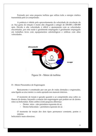 Formado por uma pequena turbina que utiliza toda a energia cinética
transmitida pelo ar comprimido.
A potência é obtida pelo aproveitamento da velocidade de circulação do
ar. Sua gama de rotação é muito alta chegando a atingir de 250.000 a 400.000
rpm. Devido à alta velocidade, é difícil o ajustamento com as velocidades
encontradas, por esta razão é geralmente empregado é geralmente empregado
em trabalhos leves com equipamentos odontológicos e retíficas com altas
velocidades.
Figura 14 – Motor de turbina
D – Motor Pneumático de Engrenagem
Basicamente é constituído por um par de rodas dentadas e engrenadas,
uma ligada ao eixo motor e a outra apoiada nos mancais internos.
O momento de torção é gerado quando o ar comprimido atua sobre os
flancos do dentes, forçando a rotação das engrenagens que podem ser de dentes
retos ou helicoidais. Entre ambos existe pequena diferença:
- Dentes retos – não permitem expansão do ar;
- Dentes helicoidais – permitem expansão do ar.
O momento de torção dos dois tipos permanece constante, porém o
sistema
helicoidal é mais silencioso.
33
 