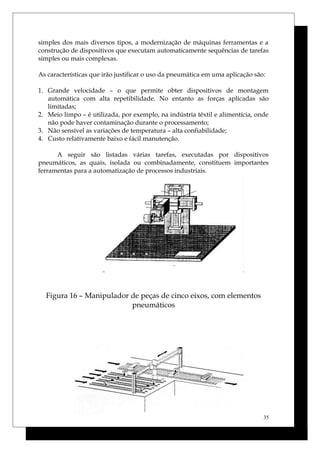 simples dos mais diversos tipos, a modernização de máquinas ferramentas e a
construção de dispositivos que executam automaticamente sequências de tarefas
simples ou mais complexas.
As características que irão justificar o uso da pneumática em uma aplicação são:
1. Grande velocidade – o que permite obter dispositivos de montagem
automática com alta repetibilidade. No entanto as forças aplicadas são
limitadas;
2. Meio limpo – é utilizada, por exemplo, na indústria têxtil e alimentícia, onde
não pode haver contaminação durante o processamento;
3. Não sensível as variações de temperatura – alta confiabilidade;
4. Custo relativamente baixo e fácil manutenção.
A seguir são listadas várias tarefas, executadas por dispositivos
pneumáticos, as quais, isolada ou combinadamente, constituem importantes
ferramentas para a automatização de processos industriais.
Figura 16 – Manipulador de peças de cinco eixos, com elementos
pneumáticos
35
 