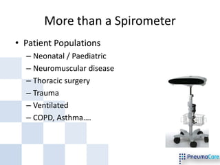 More than a Spirometer
• Patient Populations
  – Neonatal / Paediatric
  – Neuromuscular disease
  – Thoracic surgery
  – Trauma
  – Ventilated
  – COPD, Asthma….
 