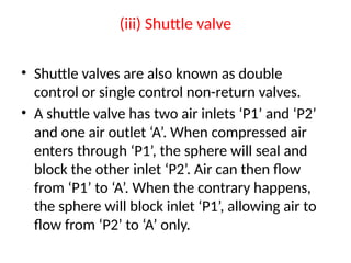 (iii) Shuttle valve
• Shuttle valves are also known as double
control or single control non-return valves.
• A shuttle valve has two air inlets ‘P1’ and ‘P2’
and one air outlet ‘A’. When compressed air
enters through ‘P1’, the sphere will seal and
block the other inlet ‘P2’. Air can then flow
from ‘P1’ to ‘A’. When the contrary happens,
the sphere will block inlet ‘P1’, allowing air to
flow from ‘P2’ to ‘A’ only.
 