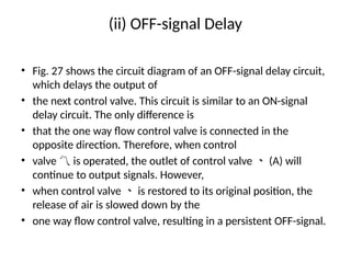 (ii) OFF-signal Delay
• Fig. 27 shows the circuit diagram of an OFF-signal delay circuit,
which delays the output of
• the next control valve. This circuit is similar to an ON-signal
delay circuit. The only difference is
• that the one way flow control valve is connected in the
opposite direction. Therefore, when control
• valve is operated, the outlet of control valve (A) will
 
continue to output signals. However,
• when control valve is restored to its original position, the

release of air is slowed down by the
• one way flow control valve, resulting in a persistent OFF-signal.
 