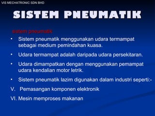 SISTEM PNEUMATIK sistem pneumatik  Sistem pneumatik menggunakan udara termampat sebagai medium pemindahan kuasa. Udara termampat adalah daripada udara persekitaran. Udara dimampatkan dengan menggunakan pemampat udara kendalian motor letrik. Sistem pneumatik lazim digunakan dalam industri seperti:-  Pemasangan komponen elektronik Mesin memproses makanan  VIS MECHATRONIC SDN BHD 