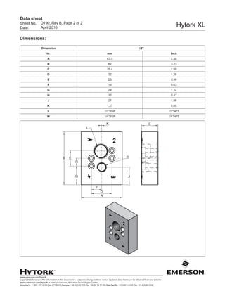 www.emerson.com/hytork
Copyright © Emerson. The information in this document is subject to change without notice. Updated data sheets can be obtained from our website
www.emerson.com/hytork or from your nearest Actuation Technologies Center:
America’s: +1 281 477 4100 (fax 477 2809) Europe: +36 22 530 950 (fax +36 22 54 37 00) Asia Pacific: +65 650 14 600 (fax +65 626 80 028)
Sheet No.:
Date:
Data sheet
Hytork XLD190, Rev B, Page 2 of 2
April 2016
Dimension 1/2”
in: mm Inch
A 63.5 2.50
B 82 3.23
C 25.4 1.00
D 32 1.26
E 25 0.98
F 16 0.63
G 29 1.14
H 12 0.47
J 27 1.06
K 1.27 0.05
L 1/2”BSP 1/2”NPT
M 1/4”BSP 1/4”NPT
C
JG
H
E
L
F
D
A
B
K
M
Dimensions:
 