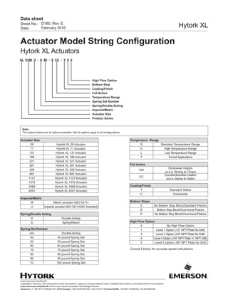 www.emerson.com/hytork
Copyright © Emerson. The information in this document is subject to change without notice. Updated data sheets can be obtained from our website
www.emerson.com/hytork or from your nearest Actuation Technologies Center:
America’s: +1 281 477 4100 (fax 477 2809) Europe: +36 22 530 950 (fax +36 22 54 37 00) Asia Pacific: +65 650 14 600 (fax +65 626 80 028)
Sheet No.:
Date:
Data sheet
Hytork XLD180, Rev. E
February 2016
Actuator Model String Configuration
Hytork XL Actuators
XL 0186 U - S 80 - S CC - Y 0 0
High Flow Option
Bottom Stop
Coating/Finish
Fail Action
Temperature Range
Spring Set Number
Spring/Double-Acting
Imperial/Metric
Actuator Size
Product Series
Actuator Size
26 Hytork XL 26 Actuator
71 Hytork XL 71 Actuator
131 Hytork XL 131 Actuator
186 Hytork XL 186 Actuator
221 Hytork XL 221 Actuator
281 Hytork XL 281 Actuator
426 Hytork XL 426 Actuator
681 Hytork XL 681 Actuator
1127 Hytork XL 1127 Actuator
1372 Hytork XL 1372 Actuator
2586 Hytork XL 2586 Actuator
4581 Hytork XL 4581 Actuator
Imperial/Metric
M Metric actuator (ISO 5211)
U Imperial actuator (ISO 5211/UNC threaded)
Spring/Double Acting
D Double-Acting
S Spring-Return
Spring Set Number
AG Double-Acting
40 40 pound Spring Set
50 50 pound Spring Set
60 60 pound Spring Set
70 70 pound Spring Set
80 80 pound Spring Set
90 90 pound Spring Set
1C 100 pound Spring Set
Temperature Range
S Standard Temperature Range
H High Temperature Range
L Low Temperature Range
T Tunnel Applications
Fail Action
CW
Clockwise rotation
(a.k.a. Spring to Close)
CC
Counterclockwise rotation
(a.k.a. Spring to Open)
Coating/Finish
Y Standard Yellow
C Commando
Bottom Stops
0 No Bottom Stop Block/Standard Pistons
B Bottom Stop Block/Over-travel Pistons
P No Bottom Stop Block/Over-travel Pistons
High Flow Option
0 No High Flow Option
1 Level 1 Option (1/2” NPT Plate No Drill)
3 Level 3 Option (3/4” NPT Plate No Drill)
4 Level 4 Option (3/4” NPT Plate ¾” NPT Drill)
5 Level 5 Option (3/8" NPT Plate No Drill)
Note;
The options below are all options available. Not all options apply to all configurations.
Consult Factory for accurate speed calculations.
 