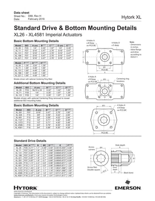 www.emerson.com/hytork
Copyright © Emerson. The information in this document is subject to change without notice. Updated data sheets can be obtained from our website
www.emerson.com/hytork or from your nearest Actuation Technologies Center:
America’s: +1 281 477 4100 (fax 477 2809) Europe: +36 22 530 950 (fax +36 22 54 37 00) Asia Pacific: +65 650 14 600 (fax +65 626 80 028)
Sheet No.:
Date:
Data sheet
Hytork XL
H
G
A
C
D F45.0°
E
F
D
D
B
PCD ØC
PCD ØC
4 Holes A
x B Deep
on PCD ØC
4 Holes D
x E deep
Centering ring
locations
4 Holes A
x B Deep
on PCD ØC
4 Holes A
x B Deep
on PCD ØC
Hole depth
Across
corners
Across flats
Double square
Drive
depth
(Back bore)
Note:
- Dimensions
in inches
- Valve flange
and drive
according to
ISO5211
D88, Rev H
February 2016
Basic Bottom Mounting Details
Model ISO A unc B±0.01”
C±0.01”
D unc E±0.01”
XL 26 F05 1/4” 0.35” 1.97” 1/4” 0.35”
XL 71 F07 5/16” 0.47” 2.76” 5/16” 0.47”
XL 131 F07 5/16” 0.47” 2.76” 5/16” 0.47”
XL 186 F07 5/16” 0.47” 2.76” 5/16” 0.47”
XL 221 F07 5/16” 0.47” 2.76” 5/16” 0.47”
Model F±0.007”
G±0.006”
H±0.007”
XL 26 1.39” 3.54” 1.39”
XL 71 1.95” 4.49” 1.95”
XL 131 1.95” 4.49” 1.95”
XL 186 1.95” 4.49” 1.95”
XL 221 1.95” 4.49” 1.95”
Models shown with optional Centering Ring fitted
Additional Bottom Mounting Details
Model ISO A unc B±0.01”
C±0.01”
D±0.007”
XL 26 F03 No10 x 24 0.32” 1.42” 1.00”
XL 71 F05 1/4” 0.35” 1.97” 1.39”
XL 131 F05 1/4” 0.35” 1.97” 1.39”
Models shown with optional Centering Ring removed to reveal
additional ISO mounting holes.
Basic Bottom Mounting Details
Model ISO A unc B±0.01”
C±0.01”
D±0.007”
XL 281 F07 5/16” 0.47” 2.76” 1.95”
XL 426 F10 3/8” 0.59” 4.02” 2.84”
XL 681 F10 3/8” 0.59” 4.02” 2.84”
XL 1127 F12 1/2” 0.71” 4.92” 3.48”
XL 1372 F12 1/2” 0.71” 4.92” 3.48”
XL 2586 F16 3/4” 0.79” 6.50” 4.59”
XL 4581 F16 3/4” 0.98” 6.50” 4.59”
Standard Drive Details
Model ISO A±0.004
B ØC D±0.02
E F±0.02
XL 26 F05 0.71” 1.1” 0.58” 0.55” 0.551/0.555” 0.09”
XL 71 F07 0.87” 1.8” 0.7” 0.66” 0.669/0.673” 0.09”
XL 131 F07 0.87” 1.8” 0.7” 0.66” 0.669/0.673” 0.09”
XL 186 F07 0.87” 1.8” 0.7” 0.66” 0.669/0.673” 0.09”
XL 221 F07 0.87” 1.8” 0.7” 0.66” 0.669/0.673” 0.09”
XL 281 F07 0.87” 1.8” 0.7” 0.66” 0.669/0.673” 0.09”
XL 426 F10 1.11” 2.3” 0.9” 0.96” 0.866/0.871” 1.20”
XL 681 F10 1.11” 2.3” 0.9” 0.96” 0.866/0.871” 1.20”
XL 1127 F12 1.43” 2.8” 1.1” 1.16” 1.063/1.068” 1.00”
XL 1372 F12 1.43” 2.8” 1.1” 1.16” 1.063/1.068” 1.00”
XL 2586 F16 2.37” 3.9” 1.9” 1.91” 1.811/1.817” 1.40”
XL 4581 F16 2.37” 3.9” 1.9” 1.91” 1.811/1.817” 1.40”
H
G
A
C
D F45.0°
E
F
D
D
B
PCD ØC
PCD ØC
4 Holes A
x B Deep
on PCD ØC
4 Holes D
x E deep
Centering ring
locations
4 Holes A
x B Deep
on PCD ØC
4 Holes A
x B Deep
on PCD ØC
Hole depth
Across
corners
Across flats
Double square
Drive
depth
(Back bore)
Note:
- Dimensions
in inches
- Valve flange
and drive
according to
ISO5211
H
G
A
C
D F45.0°
E
F
D
D
B
PCD ØC
PCD ØC
4 Holes A
x B Deep
on PCD ØC
4 Holes D
x E deep
Centering ring
locations
4 Holes A
x B Deep
on PCD ØC
4 Holes A
x B Deep
on PCD ØC
Hole depth
Across
corners
Across flats
Double square
Drive
depth
(Back bore)
Note:
- Dimensions
in inches
- Valve flange
and drive
according to
ISO5211
Standard Drive & Bottom Mounting Details
XL26 - XL4581 Imperial Actuators
 