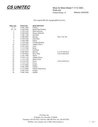 CS UNITEC                                                Mixer Air Motor Model 7 1113 1000 -
                                                         Parts List
                                                         Product Group: A          Effective: 8/24/2005



                              Not responsible for typographical errors.

 POS. NO.   ITEM NO.        DESCRIPTION
   2+3      9 1901 3850     O-Ring
  24 + 25   9 1905 0590     Radial Shaft Sealing
     1      3 7343 1010     Motor Housing
     4      9 1802 0260     Spring, Belleville
     5      7 1401 1100     End Plate
     6      9 1003 0030     Bearing                            SEE # 101 583
     7      9 1703 0100     Snap Ring
     8      3 7594 1080     Spacer
     9      3 7339 1020     Cylinder Bushing
    10      9 1630 0270     Adapter Sleeve
    11      3 7343 1050     Vane
    12      7 1113 1030     Rotor
    13      2 1313 1110     End Plate
    14      9 1003 0010     Bearing                            4-17-01-010-05-4
    15      9 1703 0050     Ring, Snap                         4-26-16-001-00-5
    16      2 1301 1090     Spacer
    18      3 7343 1120     Adapter Sleeve
    19      7 1113 1140     Motor Cover
    20      9 1110 3120     Screw                              4-30-35-093-05-2
    21      7 1113 1150     Cover
    22      2 1313 4080     Gasket
    23      9 1901 2060     O-Ring
    26      9 1112 4050     Fillister Head Screw
    27      9 1901 2470     O-Ring
    28      9 3801 1040     Muffler




                                      CS Unitec, Inc.
                               22 Harbor Ave, Norwalk, CT 06850
               Telephone: 203-853-9522 Toll Free: 800-700-5919 Fax: 203-853-9921
                      WebSite: www.csunitec.com E-Mail: info@csunitec.co                                  1   of 1
 