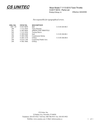 CS UNITEC                                             Mixer Model 7 1113 0010 Twist Throttle
                                                      9 2017 0010 - Parts List
                                                      Product Group: A              Effective: 8/24/2005



                               Not responsible for typographical errors.

 POS. NO.    ITEM NO.        DESCRIPTION
  244 + 24   9 1017 0070     Ball                               3-13-05-203-00-3
   240       7 1113 3010     Valve Housing
   241       9 1807 0020     SPRING FOR THROTTLE
   242       7 1113 3910     Turning Sleeve
   243       9 1903 0240     Seal                               3-13-05-204-00-1
   246       9 1803 3580     Compression Spring
   247       9 1901 3170     O Ring                             3-13-05-206-00-8
   248       9 2216 1180     Connecting Nipple Assy.
   249       9 1901 3860     O-Ring




                                       CS Unitec, Inc.
                                22 Harbor Ave, Norwalk, CT 06850
                Telephone: 203-853-9522 Toll Free: 800-700-5919 Fax: 203-853-9921
                       WebSite: www.csunitec.com E-Mail: info@csunitec.co                                  1   of 1
 
