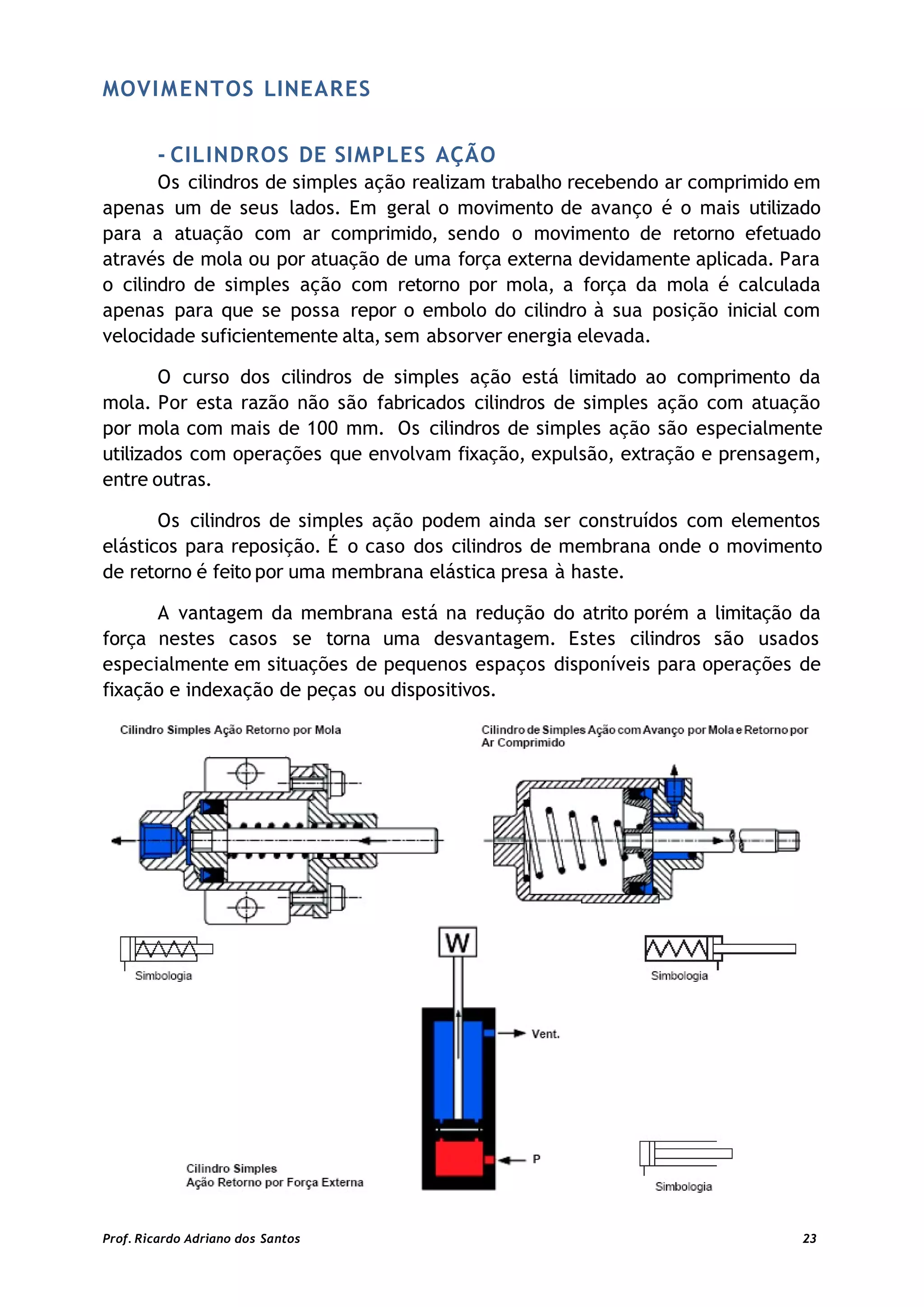 MOVIMENTOS LINEARES
- CILINDROS DE SIMPLES AÇÃO
Os cilindros de simples ação realizam trabalho recebendo ar comprimido em
apenas um de seus lados. Em geral o movimento de avanço é o mais utilizado
para a atuação com ar comprimido, sendo o movimento de retorno efetuado
através de mola ou por atuação de uma força externa devidamente aplicada. Para
o cilindro de simples ação com retorno por mola, a força da mola é calculada
apenas para que se possa repor o embolo do cilindro à sua posição inicial com
velocidade suficientemente alta, sem absorver energia elevada.
O curso dos cilindros de simples ação está limitado ao comprimento da
mola. Por esta razão não são fabricados cilindros de simples ação com atuação
por mola com mais de 100 mm. Os cilindros de simples ação são especialmente
utilizados com operações que envolvam fixação, expulsão, extração e prensagem,
entre outras.
Os cilindros de simples ação podem ainda ser construídos com elementos
elásticos para reposição. É o caso dos cilindros de membrana onde o movimento
de retorno é feito por uma membrana elástica presa à haste.
A vantagem da membrana está na redução do atrito porém a limitação da
força nestes casos se torna uma desvantagem. Estes cilindros são usados
especialmente em situações de pequenos espaços disponíveis para operações de
fixação e indexação de peças ou dispositivos.
Prof. Ricardo Adriano dos Santos 23
 