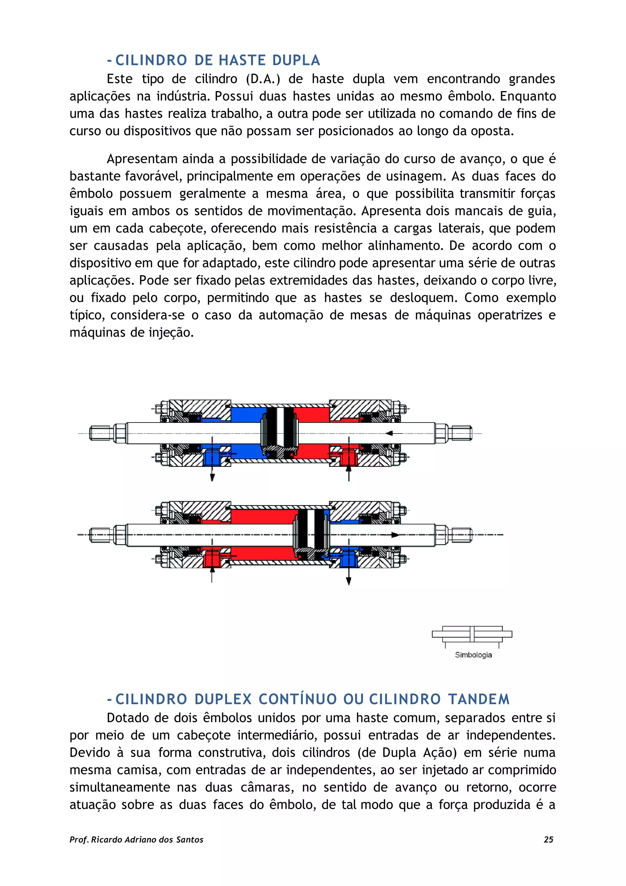 - CILINDRO DE HASTE DUPLA
Este tipo de cilindro (D.A.) de haste dupla vem encontrando grandes
aplicações na indústria. Possui duas hastes unidas ao mesmo êmbolo. Enquanto
uma das hastes realiza trabalho, a outra pode ser utilizada no comando de fins de
curso ou dispositivos que não possam ser posicionados ao longo da oposta.
Apresentam ainda a possibilidade de variação do curso de avanço, o que é
bastante favorável, principalmente em operações de usinagem. As duas faces do
êmbolo possuem geralmente a mesma área, o que possibilita transmitir forças
iguais em ambos os sentidos de movimentação. Apresenta dois mancais de guia,
um em cada cabeçote, oferecendo mais resistência a cargas laterais, que podem
ser causadas pela aplicação, bem como melhor alinhamento. De acordo com o
dispositivo em que for adaptado, este cilindro pode apresentar uma série de outras
aplicações. Pode ser fixado pelas extremidades das hastes, deixando o corpo livre,
ou fixado pelo corpo, permitindo que as hastes se desloquem. Como exemplo
típico, considera-se o caso da automação de mesas de máquinas operatrizes e
máquinas de injeção.
- CILINDRO DUPLEX CONTÍNUO OU CILINDRO TANDEM
Dotado de dois êmbolos unidos por uma haste comum, separados entre si
por meio de um cabeçote intermediário, possui entradas de ar independentes.
Devido à sua forma construtiva, dois cilindros (de Dupla Ação) em série numa
mesma camisa, com entradas de ar independentes, ao ser injetado ar comprimido
simultaneamente nas duas câmaras, no sentido de avanço ou retorno, ocorre
atuação sobre as duas faces do êmbolo, de tal modo que a força produzida é a
Prof. Ricardo Adriano dos Santos 25
 