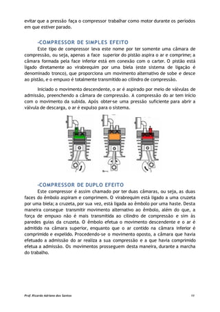 evitar que a pressão faça o compressor trabalhar como motor durante os períodos
em que estiver parado.
-COMPRESSOR DE SIMPLES EFEITO
Este tipo de compressor leva este nome por ter somente uma câmara de
compressão, ou seja, apenas a face superior do pistão aspira o ar e comprime; a
câmara formada pela face inferior está em conexão com o carter. O pistão está
ligado diretamente ao virabrequim por uma biela (este sistema de ligação é
denominado tronco), que proporciona um movimento alternativo de sobe e desce
ao pistão, e o empuxo é totalmente transmitido ao cilindro de compressão.
Iniciado o movimento descendente, o ar é aspirado por meio de válvulas de
admissão, preenchendo a câmara de compressão. A compressão do ar tem início
com o movimento da subida. Após obter-se uma pressão suficiente para abrir a
válvula de descarga, o ar é expulso para o sistema.
-COMPRESSOR DE DUPLO EFEITO
Este compressor é assim chamado por ter duas câmaras, ou seja, as duas
faces do êmbolo aspiram e comprimem. O virabrequim está ligado a uma cruzeta
por uma biela; a cruzeta, por sua vez, está ligada ao êmbolo por uma haste. Desta
maneira consegue transmitir movimento alternativo ao êmbolo, além do que, a
força de empuxo não é mais transmitida ao cilindro de compressão e sim às
paredes guias da cruzeta. O êmbolo efetua o movimento descendente e o ar é
admitido na câmara superior, enquanto que o ar contido na câmara inferior é
comprimido e expelido. Procedendo-se o movimento oposto, a câmara que havia
efetuado a admissão do ar realiza a sua compressão e a que havia comprimido
efetua a admissão. Os movimentos prosseguem desta maneira, durante a marcha
do trabalho.
Prof. Ricardo Adriano dos Santos 11
 