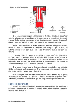 O ar comprimido entra pelo orifício no corpo do filtro e flui através do defletor
superior (A) causando uma ação de turbilhonamento no ar comprimido. A umidade
e as partículas sólidas contidas no ar são jogadas contra a parede do copo (C)
devido a uma ação centrífuga do ar comprimido turbilhonado pelo defletor.
Tanto a umidade quanto as partículas sólidas escorrem pela parede do copo
devido à força da gravidade. O anteparo (B) assegura que a ação de
turbilhonamento ocorra sem que o ar passe diretamente através do elemento
filtrante.
O defletor inferior (E) separa a umidade e as partículas sólidas depositadas
no fundo do copo, evitando assim a reentrada das mesmas no sistema de ar
comprimido. Depois que a umidade e as maiores partículas sólidas foram
removidas pelo processo de turbilhonamento, o ar comprimido flui através do
elemento filtrante (D) onde as menores partículas são retidas.
O ar então retorna para o sistema, deixando a umidade e as partículas
sólidas contidas no fundo do copo, que deve ser drenado antes que o nível atinja a
altura onde possam retornar para o fluxo de ar.
Esta drenagem pode ser executada por um Dreno Manual (F), o qual é
acionado por uma manopla (G) girando no sentido anti-horário, ou por um Dreno
Automático, que libera o líquido assim que ele atinja um nível pré-determinado.
DRENOS DOS FILTROS
Drenos são dispositivos fixados na parte inferior dos copos, que servem para
eliminar o condensado e as impurezas, retidos pela ação de filtragem. Podem ser
manuais ou automáticos.
Prof. Ricardo Adriano dos Santos 18
 