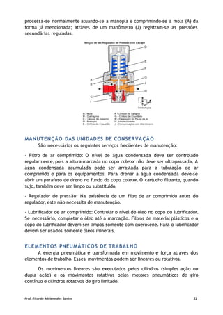 processa-se normalmente atuando-se a manopla e comprimindo-se a mola (A) da
forma já mencionada; atráves de um manômetro (J) registram-se as pressões
secundárias reguladas.
MANUTENÇÃO DAS UNIDADES DE CONSERVAÇÃO
São necessários os seguintes serviços freqüentes de manutenção:
- Filtro de ar comprimido: O nível de água condensada deve ser controlado
regularmente, pois a altura marcada no copo coletor não deve ser ultrapassada. A
água condensada acumulada pode ser arrastada para a tubulação de ar
comprimido e para os equipamentos. Para drenar a água condensada deve-se
abrir um parafuso de dreno no fundo do copo coletor. O cartucho filtrante, quando
sujo, também deve ser limpo ou substituído.
- Regulador de pressão: Na existência de um filtro de ar comprimido antes do
regulador, este não necessita de manutenção.
- Lubrificador de ar comprimido: Controlar o nível de óleo no copo do lubrificador.
Se necessário, completar o óleo até a marcação. Filtros de material plásticos e o
copo do lubrificador devem ser limpos somente com querosene. Para o lubrificador
devem ser usados somente óleos minerais.
ELEMENTOS PNEUMÁTICOS DE TRABALHO
A energia pneumática é transformada em movimento e força através dos
elementos de trabalho. Esses movimentos podem ser lineares ou rotativos.
Os movimentos lineares são executados pelos cilindros (simples ação ou
dupla ação) e os movimentos rotativos pelos motores pneumáticos de giro
contínuo e cilindros rotativos de giro limitado.
Prof. Ricardo Adriano dos Santos 22
 