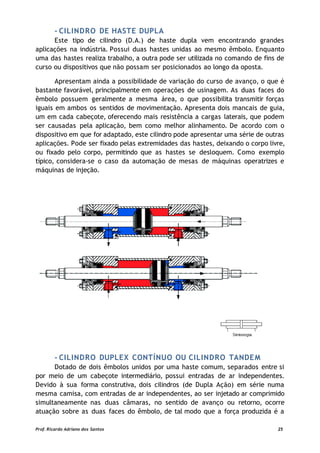 - CILINDRO DE HASTE DUPLA
Este tipo de cilindro (D.A.) de haste dupla vem encontrando grandes
aplicações na indústria. Possui duas hastes unidas ao mesmo êmbolo. Enquanto
uma das hastes realiza trabalho, a outra pode ser utilizada no comando de fins de
curso ou dispositivos que não possam ser posicionados ao longo da oposta.
Apresentam ainda a possibilidade de variação do curso de avanço, o que é
bastante favorável, principalmente em operações de usinagem. As duas faces do
êmbolo possuem geralmente a mesma área, o que possibilita transmitir forças
iguais em ambos os sentidos de movimentação. Apresenta dois mancais de guia,
um em cada cabeçote, oferecendo mais resistência a cargas laterais, que podem
ser causadas pela aplicação, bem como melhor alinhamento. De acordo com o
dispositivo em que for adaptado, este cilindro pode apresentar uma série de outras
aplicações. Pode ser fixado pelas extremidades das hastes, deixando o corpo livre,
ou fixado pelo corpo, permitindo que as hastes se desloquem. Como exemplo
típico, considera-se o caso da automação de mesas de máquinas operatrizes e
máquinas de injeção.
- CILINDRO DUPLEX CONTÍNUO OU CILINDRO TANDEM
Dotado de dois êmbolos unidos por uma haste comum, separados entre si
por meio de um cabeçote intermediário, possui entradas de ar independentes.
Devido à sua forma construtiva, dois cilindros (de Dupla Ação) em série numa
mesma camisa, com entradas de ar independentes, ao ser injetado ar comprimido
simultaneamente nas duas câmaras, no sentido de avanço ou retorno, ocorre
atuação sobre as duas faces do êmbolo, de tal modo que a força produzida é a
Prof. Ricardo Adriano dos Santos 25
 