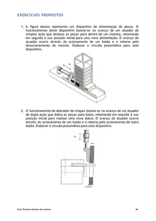 EXERCÍCIOS PROPOSTOS
1. A figura abaixo representa um dispositivo de alimentação de peças. O
funcionamento deste dispositivo baseia-se no avanço de um atuador de
simples ação que desloca as peças para dentro de um sistema, retornando
em seguida à sua posição inicial para uma nova alimentação. O avanço do
atuador ocorre através do acionamento de um botão e o retorno pelo
desacionamento do mesmo. Elaborar o circuito pneumático para este
dispositivo.
2. O funcionamento do dobrador de chapas baseia-se no avanço de um atuador
de dupla ação que dobra as peças para baixo, retornando em seguida à sua
posição inicial para realizar uma nova dobra. O avanço do atuador ocorre
através do acionamento de um botão e o retorno pelo acionamento de outro
botão. Elaborar o circuito pneumático para este dispositivo.
Prof. Ricardo Adriano dos Santos 46
 