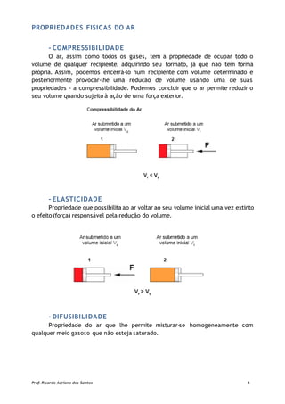 PROPRIEDADES FISICAS DO AR
- COMPRESSIBILIDADE
O ar, assim como todos os gases, tem a propriedade de ocupar todo o
volume de qualquer recipiente, adquirindo seu formato, já que não tem forma
própria. Assim, podemos encerrá-lo num recipiente com volume determinado e
posteriormente provocar-lhe uma redução de volume usando uma de suas
propriedades - a compressibilidade. Podemos concluir que o ar permite reduzir o
seu volume quando sujeito à ação de uma força exterior.
- ELASTICIDADE
Propriedade que possibilita ao ar voltar ao seu volume inicial uma vez extinto
o efeito (força) responsável pela redução do volume.
- DIFUSIBILIDADE
Propriedade do ar que lhe permite misturar-se homogeneamente com
qualquer meio gasoso que não esteja saturado.
Prof. Ricardo Adriano dos Santos 6
 