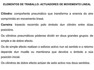 ELEMENTOS DE TRABALLO: ACTUADORES DE MOVEMENTO LINEAL


Cilindro: compoñente pneumático que transforma a enerxía do aire
comprimido en movemento lineal.

Carreira: traxecto recorrido polo émbolo dun cilindro entre dúas
posicións.

Os cilindros pneumáticos pódense dividir en dous grandes grupos: de
simple e de dobre efecto.

Os de simple efecto realizan o esforzo activo nun só sentido e o retorno
depende dun muelle ou membrana que devolve o émbolo a súa
posición inicial.

Os cilindros de dobre efecto actúan de xeito activo nos dous sentidos.
 