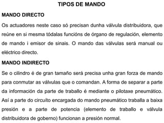 TIPOS DE MANDO
MANDO DIRECTO

Os actuadores neste caso só precisan dunha válvula distribuidora, que
reúne en si mesma tódalas funcións de órgano de regulación, elemento
de mando i emisor de sinais. O mando das válvulas será manual ou
eléctrico directo.

MANDO INDIRECTO

Se o cilindro é de gran tamaño será precisa unha gran forza de mando
para conmutar as válvulas que o comandan. A forma de separar a parte
da información da parte de traballo é mediante o pilotaxe pneumático.
Así a parte do circuíto encargada do mando pneumático traballa a baixa
presión e a parte de potencia (elemento de traballo e válvula
distribuidora de goberno) funcionan a presión normal.
 