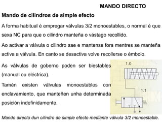 MANDO DIRECTO
Mando de cilindros de simple efecto
A forma habitual é empregar válvulas 3/2 monoestables, o normal é que
sexa NC para que o cilindro manteña o vástago recollido.

Ao activar a válvula o cilindro sae e mantense fora mentres se manteña
activa a válvula. En canto se desactiva volve recollerse o émbolo.

As válvulas de goberno poden ser biestables
(manual ou eléctrica).

Tamén     existen   válvulas   monoestables      con
enclavamiento, que manteñen unha determinada
posición indefinidamente.

Mando directo dun cilindro de simple efecto mediante válvula 3/2 monoestable.
 
