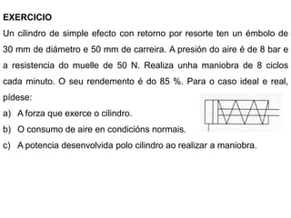 EXERCICIO
Un cilindro de simple efecto con retorno por resorte ten un émbolo de
30 mm de diámetro e 50 mm de carreira. A presión do aire é de 8 bar e
a resistencia do muelle de 50 N. Realiza unha maniobra de 8 ciclos
cada minuto. O seu rendemento é do 85 %. Para o caso ideal e real,
pídese:
a) A forza que exerce o cilindro.
b) O consumo de aire en condicións normais.
c) A potencia desenvolvida polo cilindro ao realizar a maniobra.
 