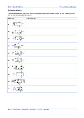 Clube da eletrônica Pneumática aplicada
Autor: Clodoaldo Silva - Introdução à pneumática - Revisão: 21Set2006. 12
Exercícios rápidos ...
Classifique as válvulas direcionais abaixo quanto ao número de posições, número de vias, posição normal,
tipo de acionamento e tipo de retorno:
Válvulas Classificação
01
02
03
04
05
06
07
08
09
10
 